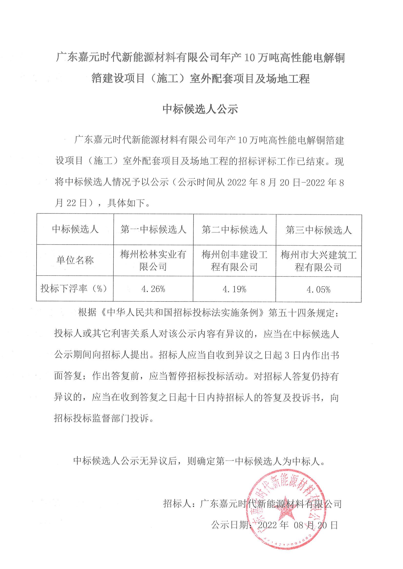 广东pg电子娱乐平台时代新能源材料有限公司年产10万吨高性能电解铜箔建设项目（施工）室外配套项目及场地工程中标候选人公示_00.jpg