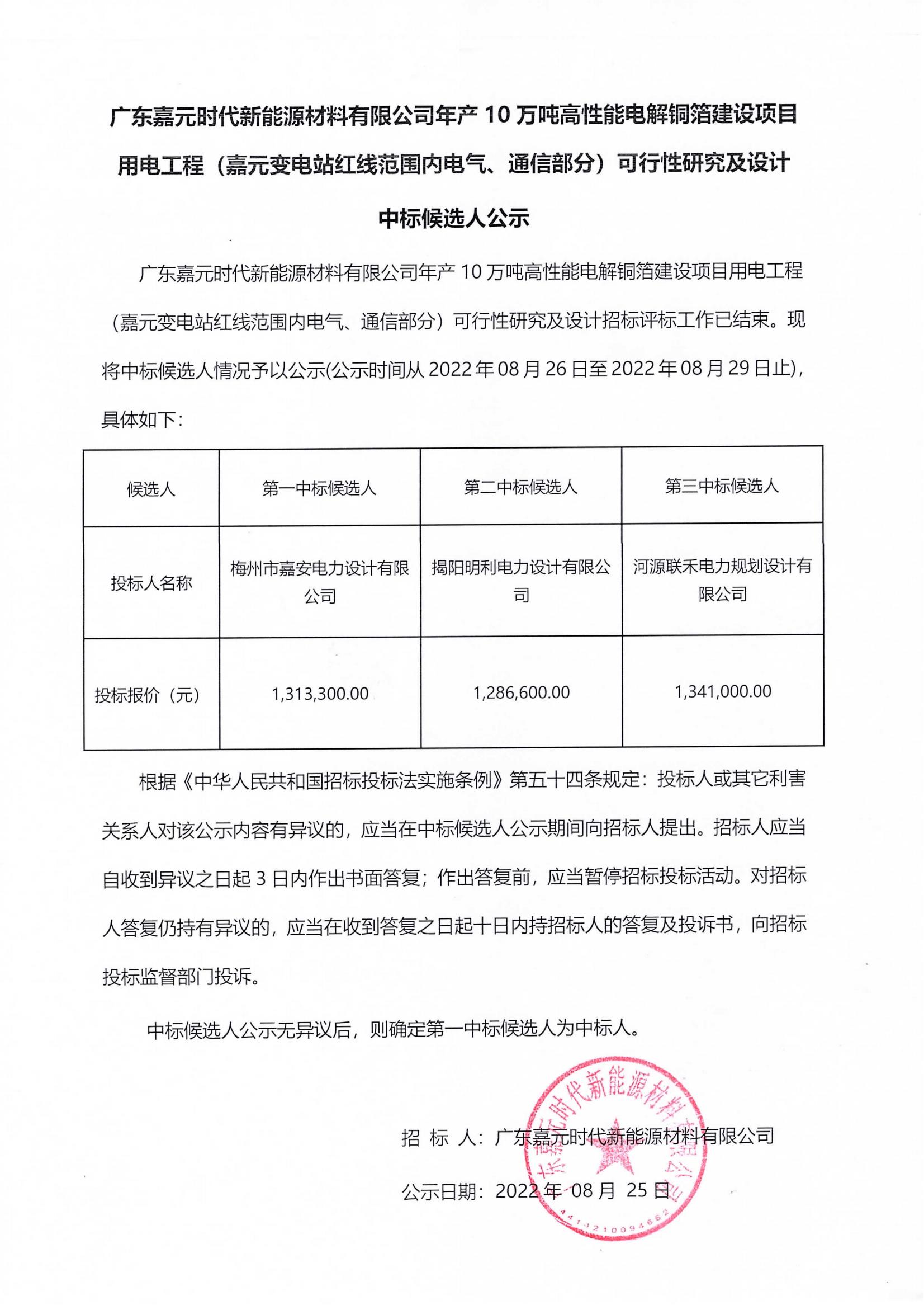 广东pg电子娱乐平台时代新能源材料有限公司年产10万吨高性能电解铜箔建设项目用电工程（pg电子娱乐平台变电站红线范围内电气、通信部分）可行性研究及设计中标候选人公示_00.jpg